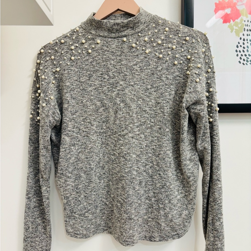 Gray Sweater with Pearl Embellishments